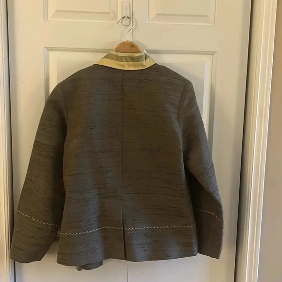 100 Thai silk green gray yellow open front Blazer  Size44. SHINAWATRA - Picture 3 of 16